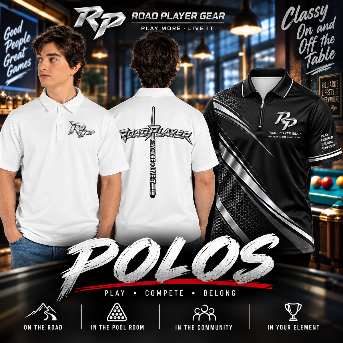 Road Player Gear billiards polo shirts and pool player polos