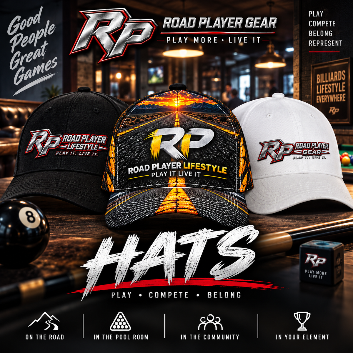 Road Player Gear billiards hats and pool player caps