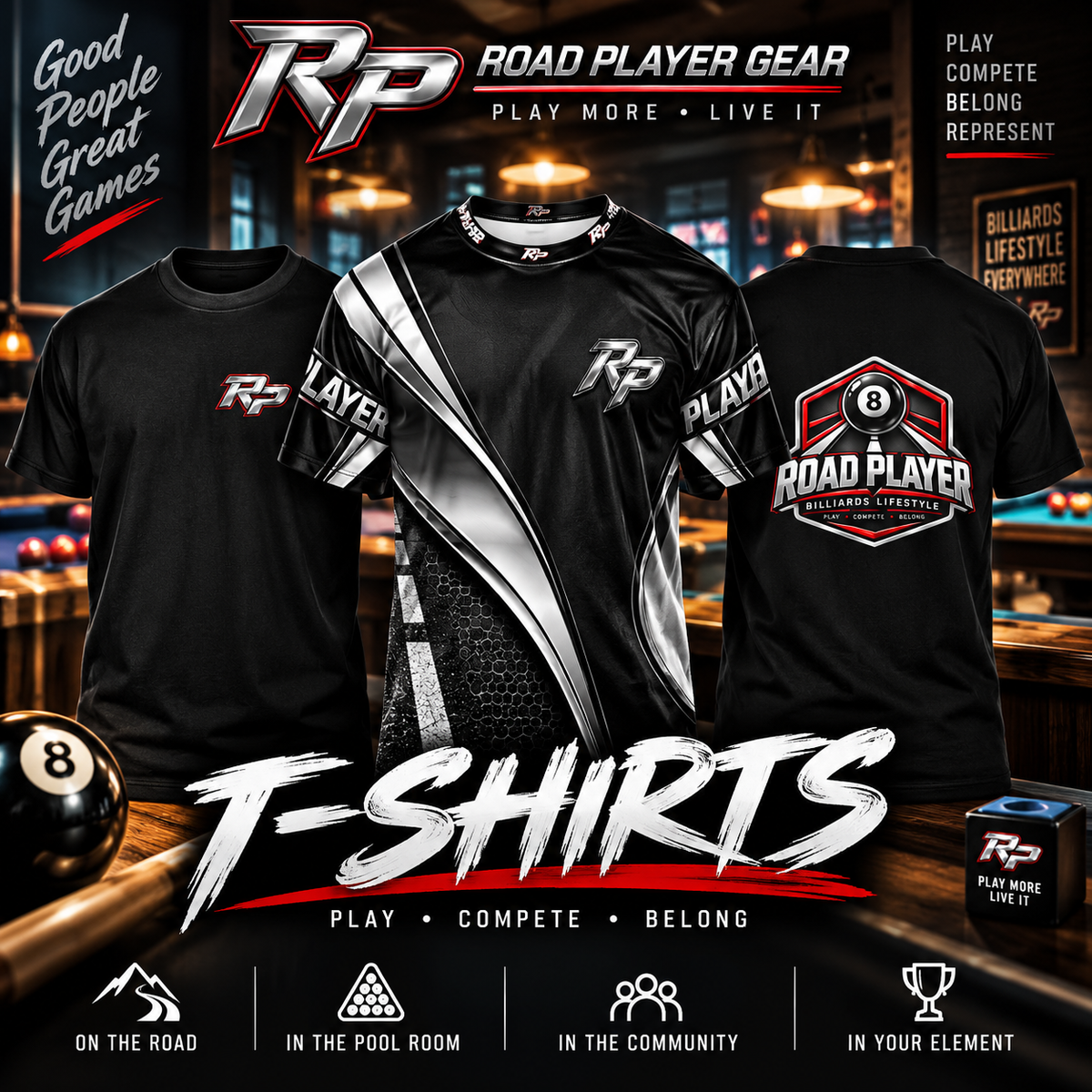 Road Player Gear billards T-shirts and pool player shirts